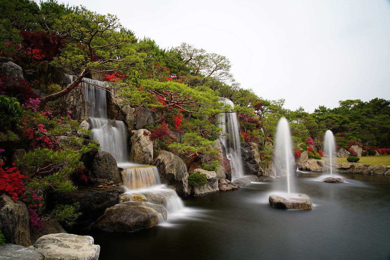 azalea, waterfall, garden